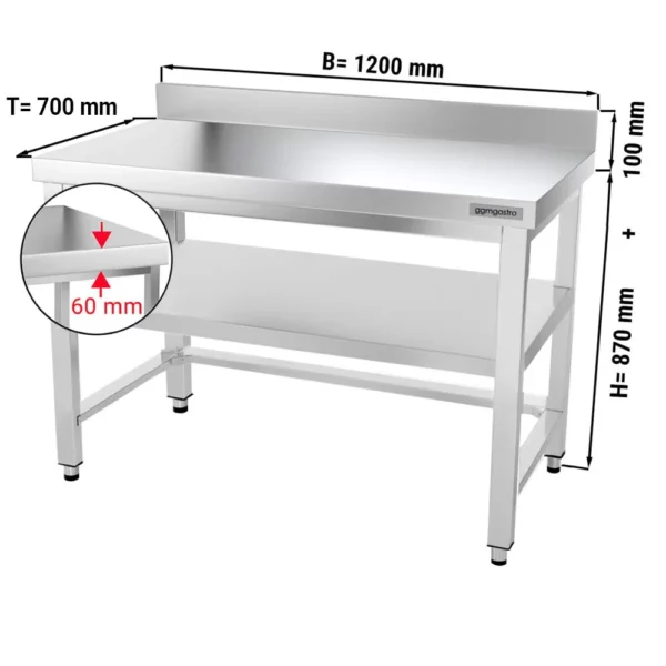 Nerezový pracovný stôl PREMIUM - 1200x700mm - s podnožou, podperou a výstuhou