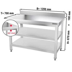 Nerezový pracovný stôl PREMIUM - 1200 x 700 mm - so základnou policou, stojanom a medzipoličkou