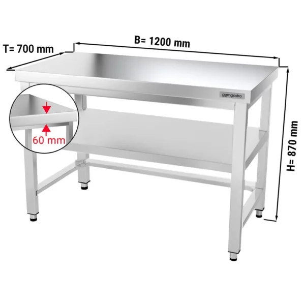 Nerezový pracovný stôl PREMIUM - 1200x700mm - s podnožou a výstuhou