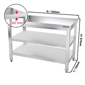 Nerezový pracovný stôl PREMIUM - 1200x700mm - so základnou policou a medzipoličkou