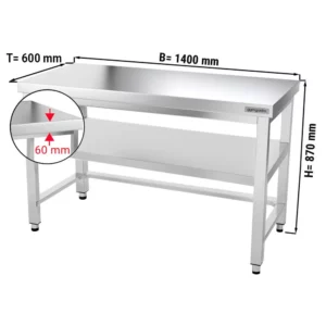 Nerezový pracovný stôl PREMIUM - 1400x600mm - s podnožou a výstuhou