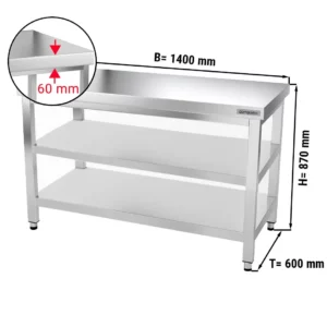 Nerezový pracovný stôl PREMIUM - 1400x600mm - so základnou policou a medzipoličkou