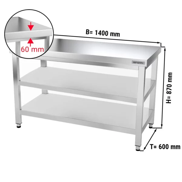 Nerezový pracovný stôl PREMIUM - 1400x600mm - so základnou policou a medzipoličkou