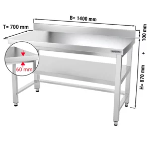 Nerezový pracovný stôl PREMIUM - 1400x700mm - s podnožou, podperou a výstuhou