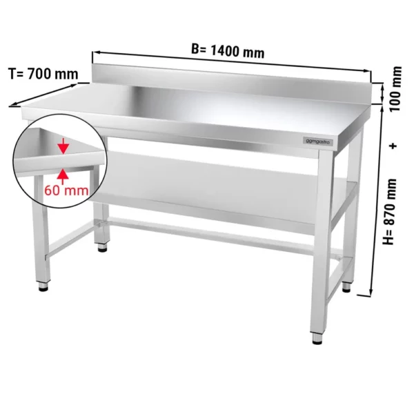 Nerezový pracovný stôl PREMIUM - 1400x700mm - s podnožou, podperou a výstuhou