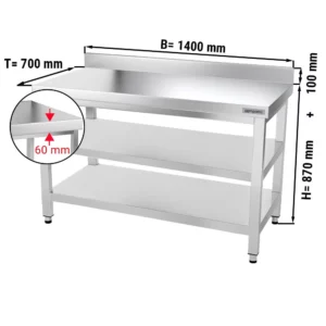 Nerezový pracovný stôl PREMIUM - 1400x700mm - so základnou policou, podstavcom a medzipoličkou
