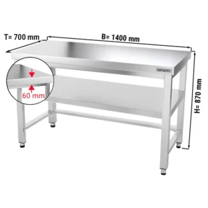 Nerezový pracovný stôl PREMIUM - 1400x700mm - s podnožou a výstuhou