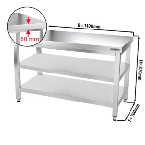Nerezový pracovný stôl PREMIUM - 1400x700mm - so základnou policou a medzipoličkou