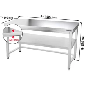 Nerezový pracovný stôl PREMIUM - 1500x600mm - s podnožou a výstuhou