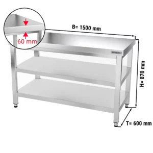 Nerezový pracovný stôl PREMIUM - 1500x600mm - so základnou policou a medzipoličkou