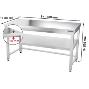 Nerezový pracovný stôl PREMIUM - 1500x700mm - s podnožou a výstuhou