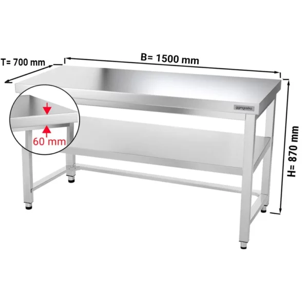 Nerezový pracovný stôl PREMIUM - 1500x700mm - s podnožou a výstuhou