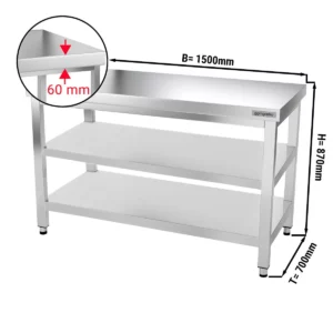 Nerezový pracovný stôl PREMIUM - 1500x700mm - so základnou policou a medzipoličkou