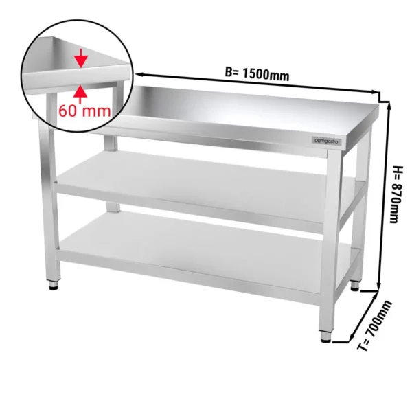 Nerezový pracovný stôl PREMIUM - 1500x700mm - so základnou policou a medzipoličkou