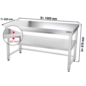 Nerezový pracovný stôl PREMIUM - 1600x600mm - s podnožou a výstuhou