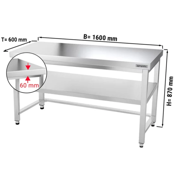 Nerezový pracovný stôl PREMIUM - 1600x600mm - s podnožou a výstuhou