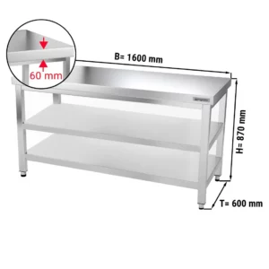 Nerezový pracovný stôl PREMIUM - 1600x600mm - so základnou policou a medzipoličkou