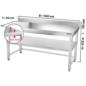 Nerezový pracovný stôl PREMIUM - 1600x700mm - s podnožou, podperou a výstuhou