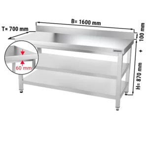 Nerezový pracovný stôl PREMIUM - 1600 x 700 mm - so základnou policou, stojanom a medzipoličkou