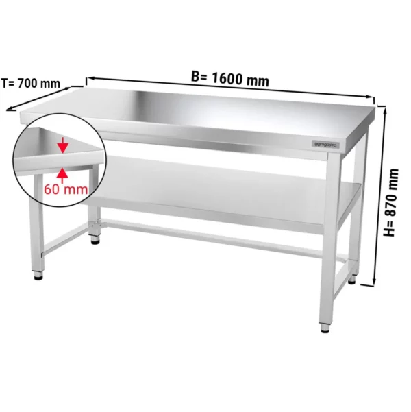 Nerezový pracovný stôl PREMIUM - 1600x700mm - s podnožou a výstuhou