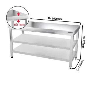Nerezový pracovný stôl PREMIUM - 1600x700mm - so základnou policou a medzipoličkou