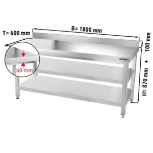 Nerezový pracovný stôl PREMIUM - 1800x600mm - so základnou policou, podstavcom a medzipoličkou