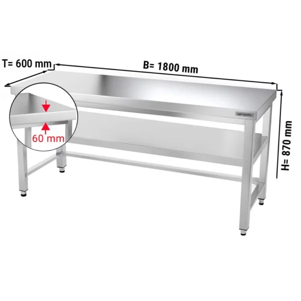 Nerezový pracovný stôl PREMIUM - 1800x600mm - s podnožou a výstuhou