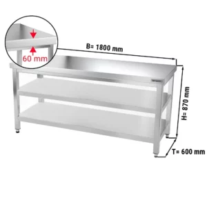 Nerezový pracovný stôl PREMIUM - 1800x600mm - so základnou policou a medzipoličkou