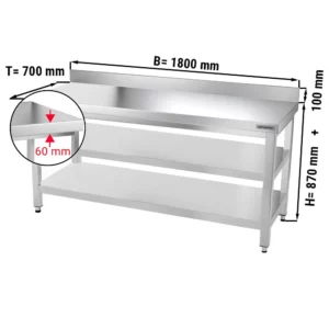 Nerezový pracovný stôl PREMIUM - 1800x700mm - so základnou policou, podstavcom a medzipoličkou