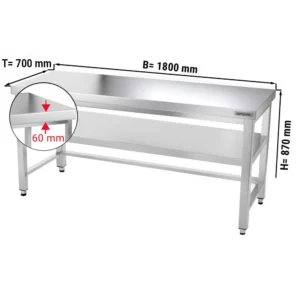 Nerezový pracovný stôl PREMIUM - 1800x700mm - s podnožou a výstuhou