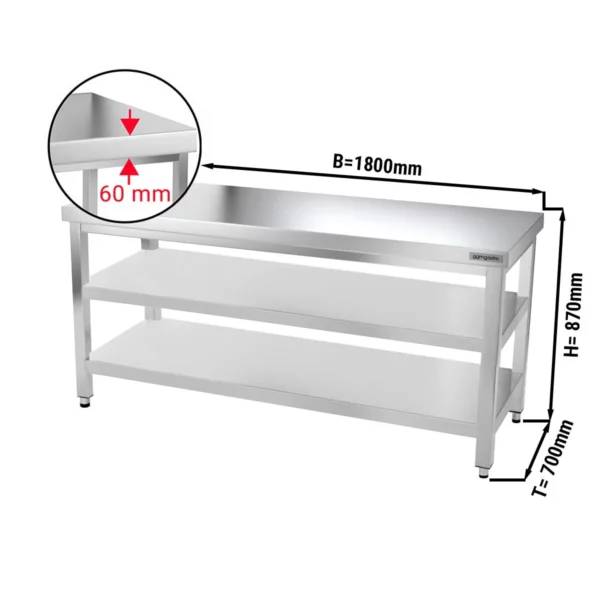Nerezový pracovný stôl PREMIUM - 1800x700mm - so základnou policou a medzipoličkou
