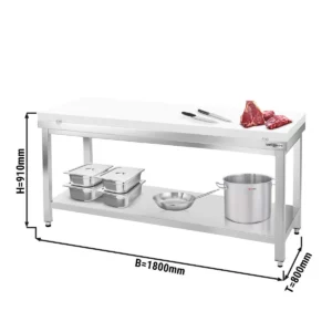 Nerezový pracovný stôl PREMIUM - 1800x800mm - s podložkou bez zadného lemu vr. rezná doska