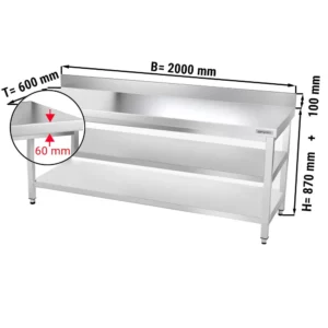 Nerezový pracovný stôl PREMIUM - 2000 x 600 mm - so základnou policou, stojanom a medzipolou