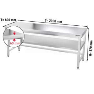 Nerezový pracovný stôl PREMIUM - 2000x600mm - s podnožou a výstuhou