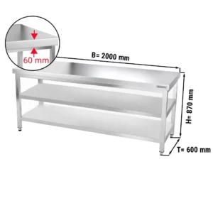 Nerezový pracovný stôl PREMIUM - 2000x600mm - so základnou policou a medzipoličkou