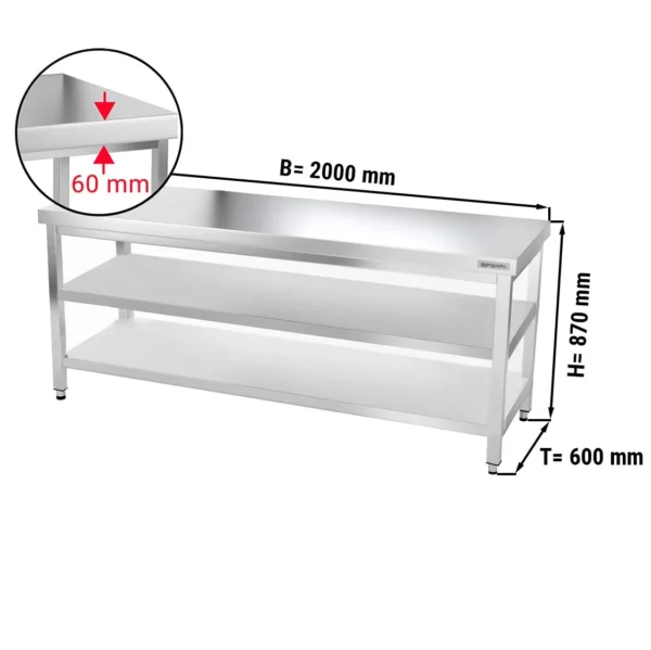 Nerezový pracovný stôl PREMIUM - 2000x600mm - so základnou policou a medzipoličkou