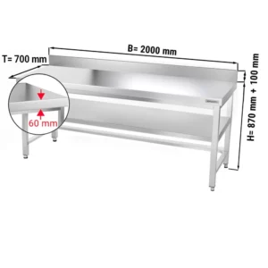 Nerezový pracovný stôl PREMIUM - 2000x700mm - s podnožou, podperou a výstuhou