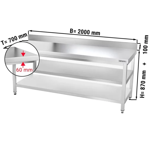 Nerezový pracovný stôl PREMIUM - 2000x700mm - so základnou policou, podstavcom a medzipoličkou