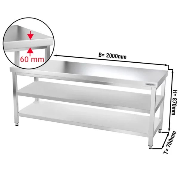 Nerezový pracovný stôl PREMIUM - 2000x700mm - so základnou policou a medzipoličkou