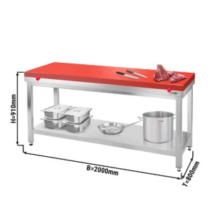 Nerezový pracovný stôl PREMIUM - 2000x800mm - s podložkou bez zadného lemu vr. rezná doska