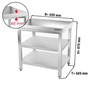 Nerezový pracovný stôl PREMIUM - 600x600mm - so základnou policou a medzipoličkou