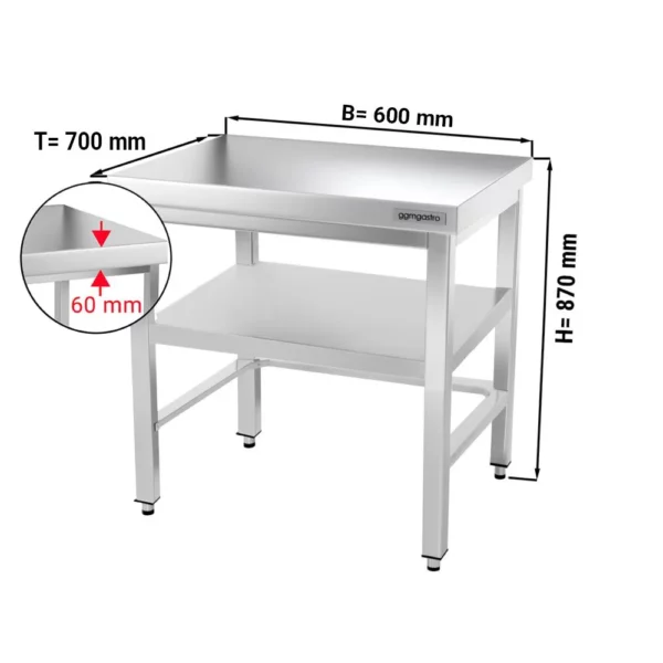 Nerezový pracovný stôl PREMIUM - 600x700mm - s podnožou a výstuhou
