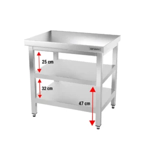 Nerezový pracovný stôl PREMIUM - 600x700mm - so základnou policou a medzipoličkou