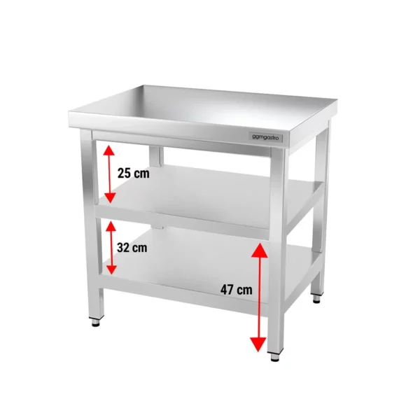 Nerezový pracovný stôl PREMIUM - 600x700mm - so základnou policou a medzipoličkou