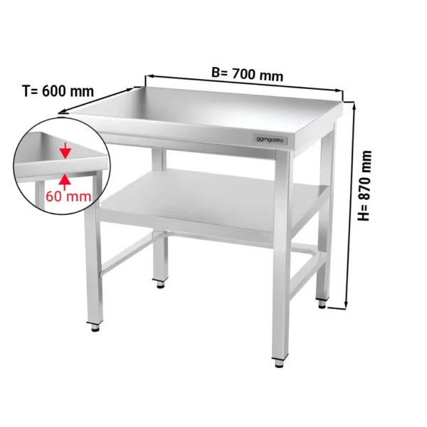 Nerezový pracovný stôl PREMIUM - 700x600mm - s podnožou a výstuhou