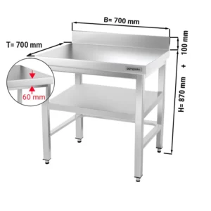Nerezový pracovný stôl PREMIUM - 700x700mm - s podnožou, podperou a výstuhou