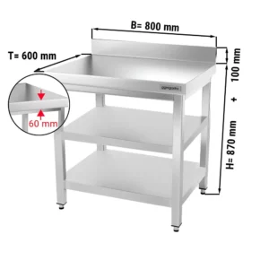 Nerezový pracovný stôl PREMIUM - 800x600mm - so základnou policou, podstavcom a medzipoličkou