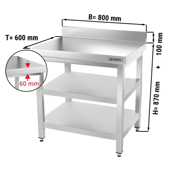 Nerezový pracovný stôl PREMIUM - 800x600mm - so základnou policou, podstavcom a medzipoličkou