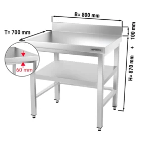 Nerezový pracovný stôl PREMIUM - 800x700mm - s podnožou, podperou a výstuhou