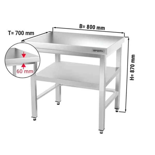 Nerezový pracovný stôl PREMIUM - 800x700mm - s podnožou a výstuhou